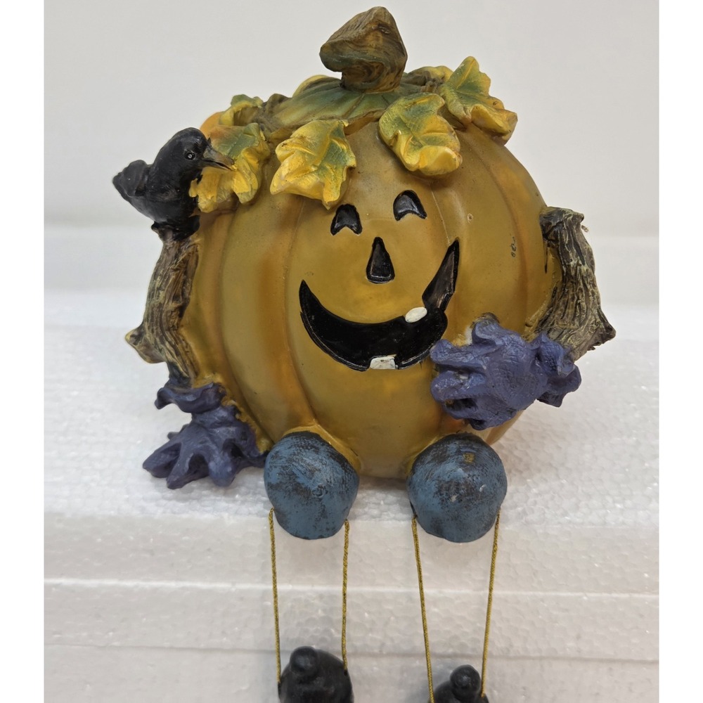 Vintage 2000s Resin Halloween Pumpkin Jack-O-Lantern Shelf Sitter Dangling Legs - Picture 2 of 9